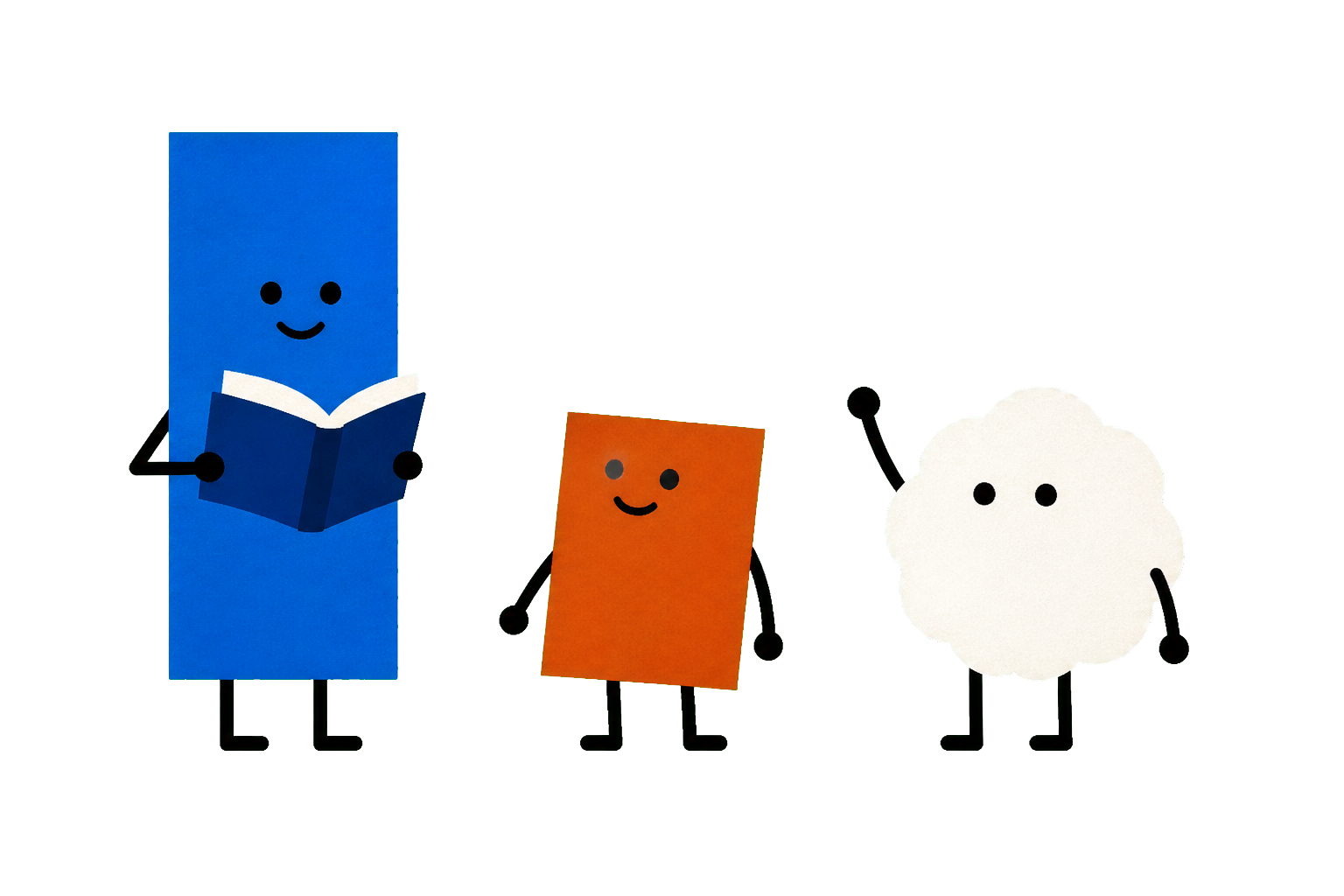 Three Moglearn characters together: a blue rectangular reader, an orange companion, and a cloud.